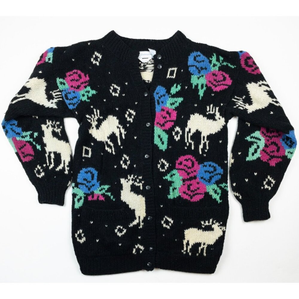 J. Christopher Vintage Cardigan Women's Medium Shetland Wool Hand Knit Reindeer